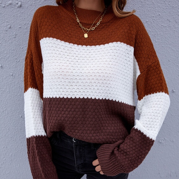 Bellanblue Sweaters - Brown White Oversized Color Block Knit Sweater